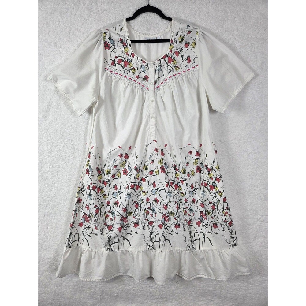 Vtg National House Dress Muumuu Womens 2X White Floral SS Ruffle Hem Cottagecore